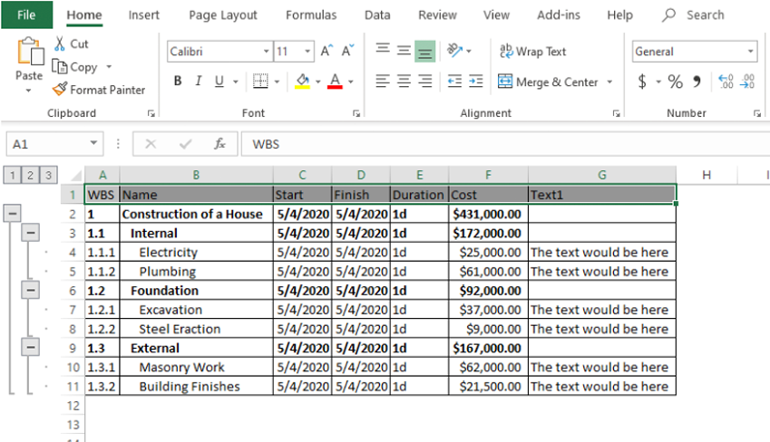 PSP Schedule Pro, Excel Export PSP, Projektstrukturplan