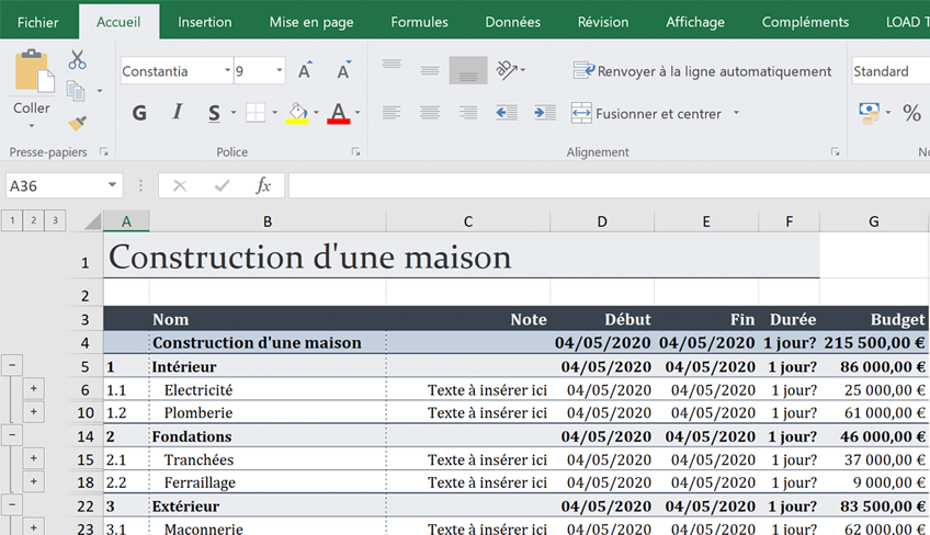 MindView, exportation d'un WBS vers Excel, Work Breakdown Structure