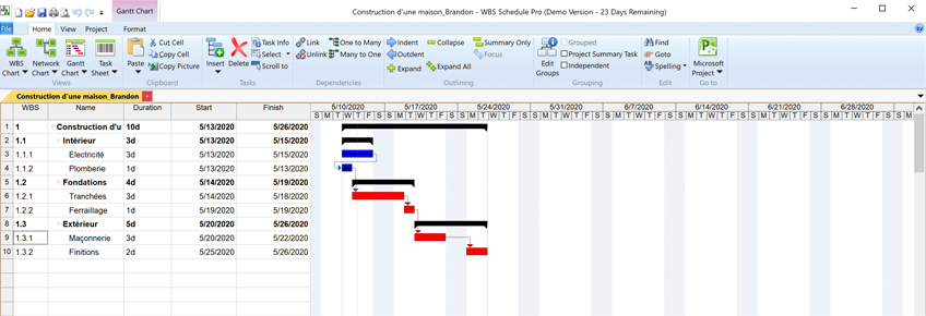 WBS Schedule Pro, diagramme de Gantt, logiciel de Gantt, exportation d'un WBS en Gantt