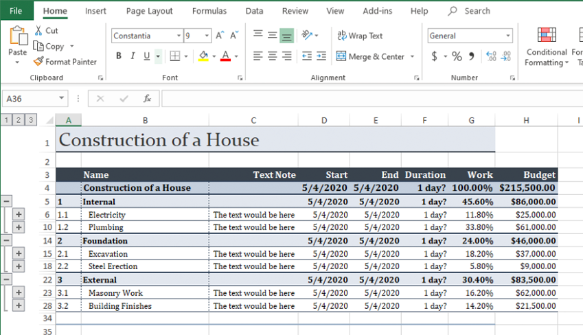 MindView, Excel Export WBS, Work Breakdown Structure