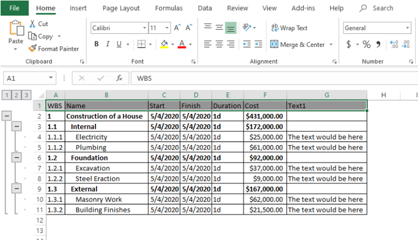 WBS Schedule Pro, Excel Export WBS, Work Breakdown Structure