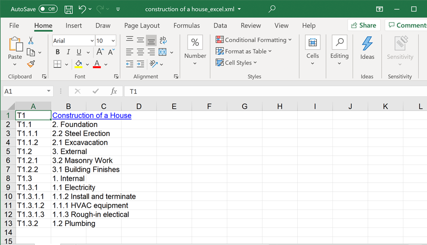 Visio, Excel Export WBS, werkonderbrekingsstructuur