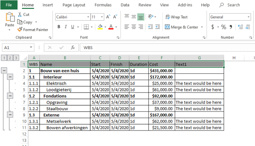 WBS Schedule Pro, Excel Export WBS, werkonderbrekingsstructuur