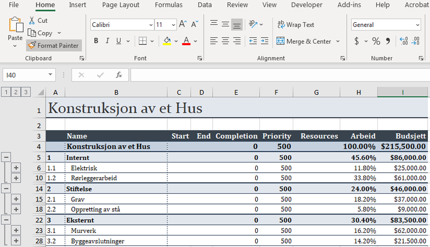 MindView, Excel Export WBS, Arbeidsfordelingsstruktur