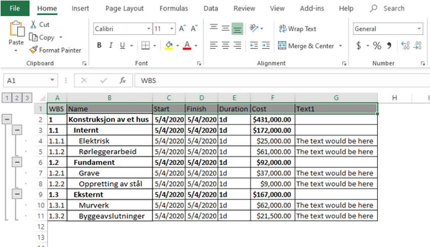 WBS Schedule Pro, Excel Export WBS, Work Breakdown Structure
